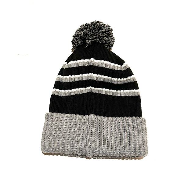 Polaris Black and Gray Striped Pom Pom Beanie Winter Stocking Cap - Picture 4 of 4